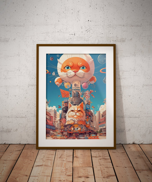 Anime Style Cat Building and Cat Balloon Digital Artwork