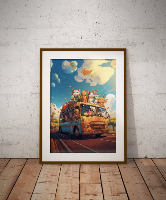 Anime Style Cats on a Bus Digital Artwork