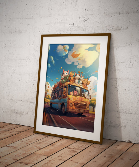 Anime Style Cats on a Bus Digital Artwork